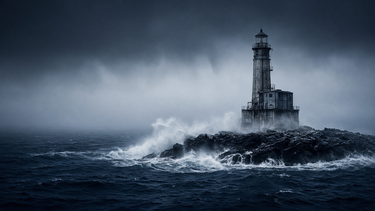 Stürmische Nordsee mit Leuchtturm im Nebel
